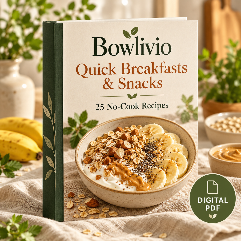 AI-generated ebook mockup for Bowlivio Quick Breakfasts and Snacks, digital PDF