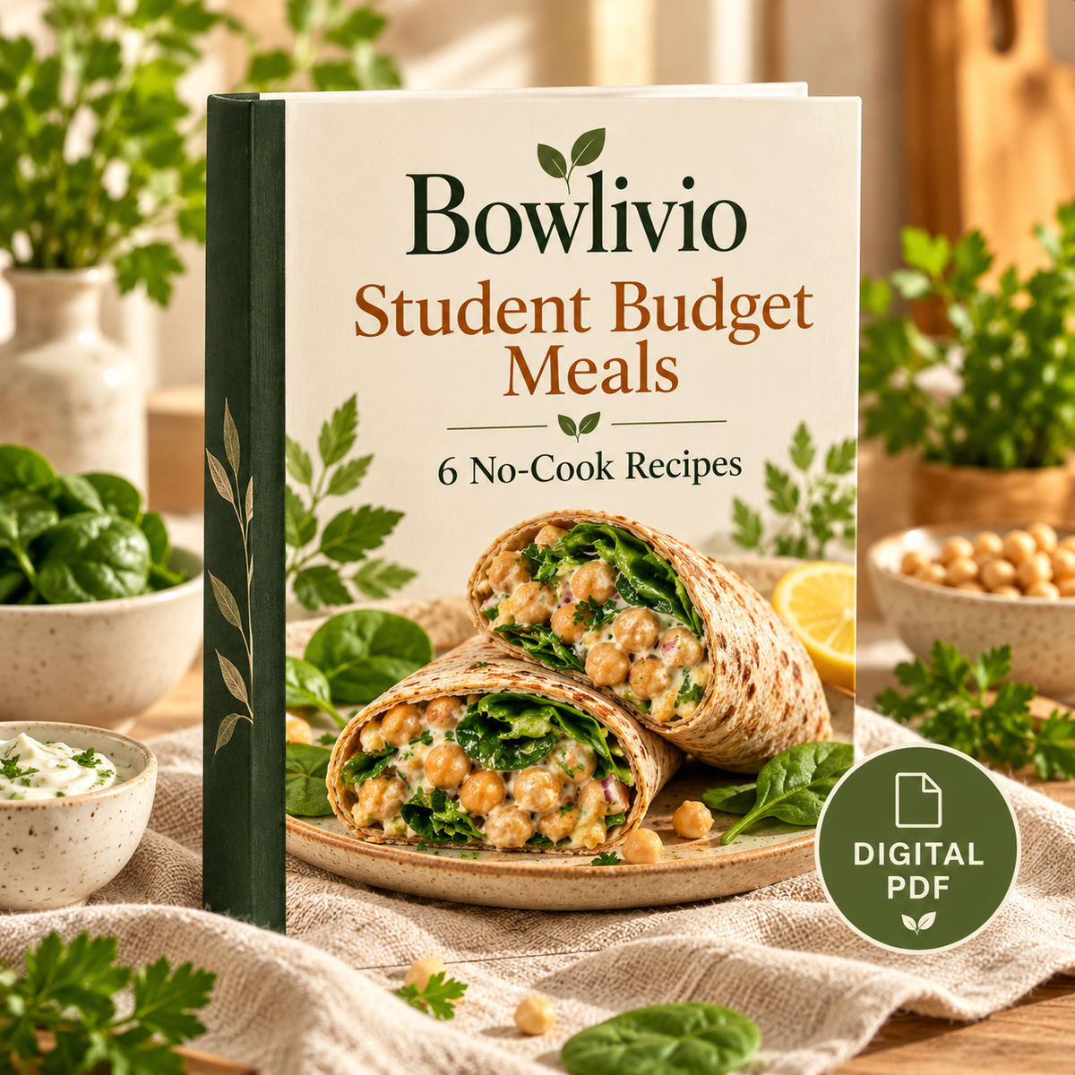 Illustrative digital ebook cover for Bowlivio Student Budget Meals